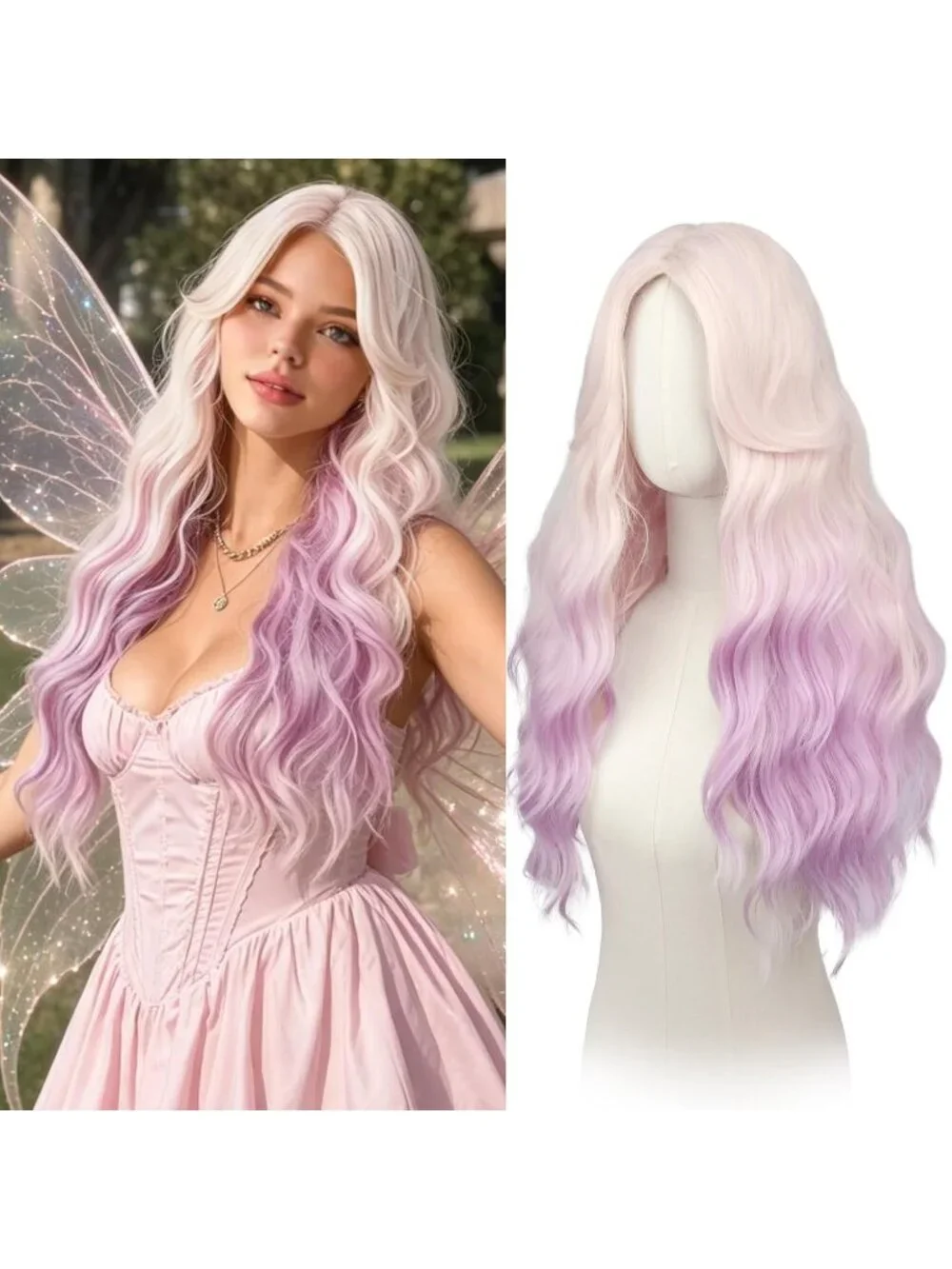 Women's Pink Ombre Lilac 26 Inch Heat Resistant Curtain Bangs Long Wavy Wigs